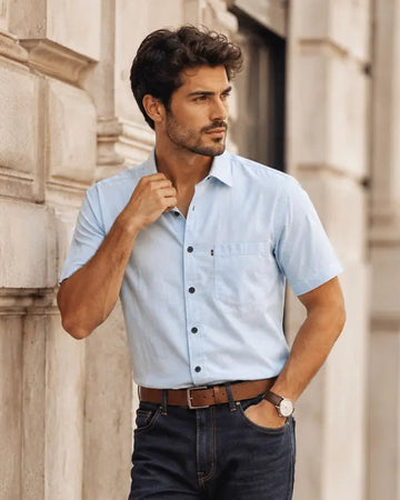 Light Blue Check Pattern Irish Linen Shirt