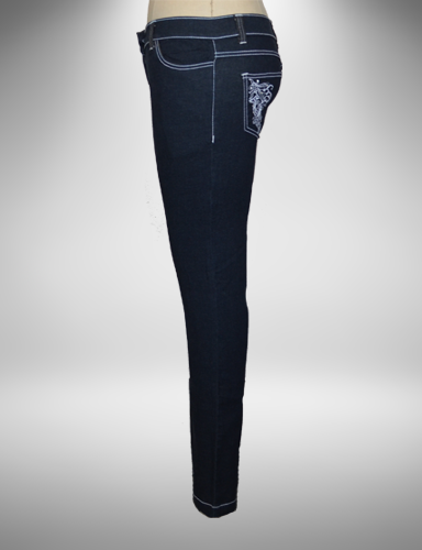 Dark Blue mid rise skinny jeans with white stitching