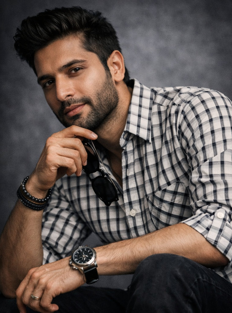 Man wearing a checkered shirt with rolled-up sleeves against a dark background