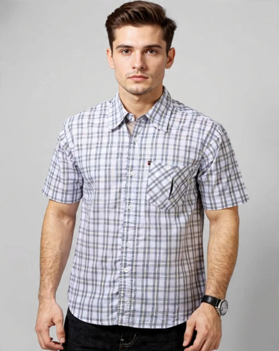White Cotton Yarn Dyed Plaid Shirt