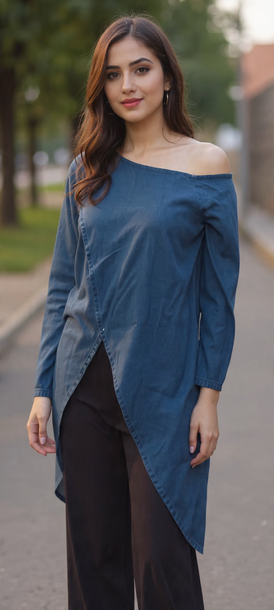 Denim drop tail cross body top