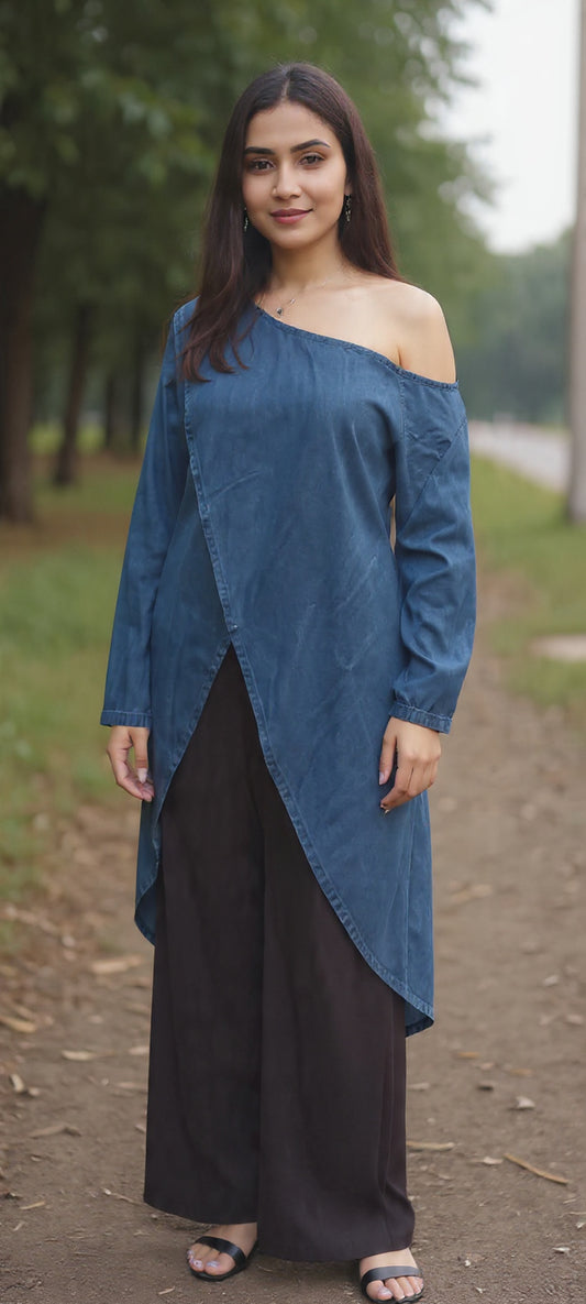 Denim drop tail cross body top