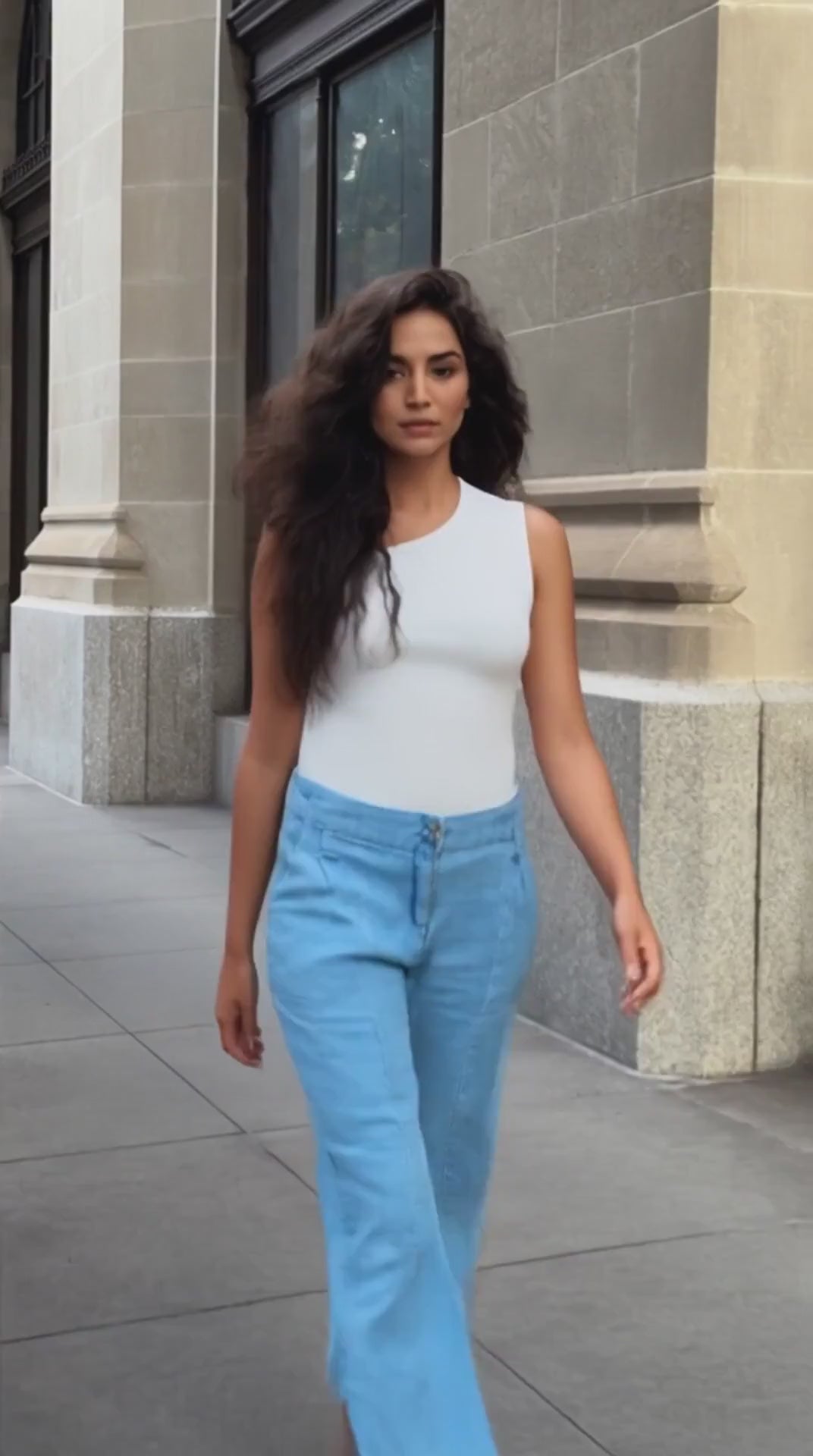 Retro Style Mid Blue Wide Bottom Jeans
