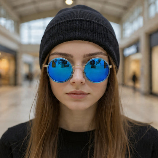 Person wearing blue reflective sunglasses and a black beanie in a mall setting