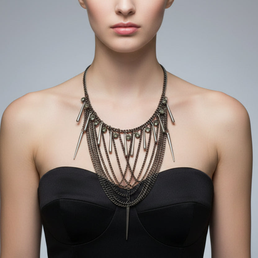Necklace with multiple chains and pendant details on a black background