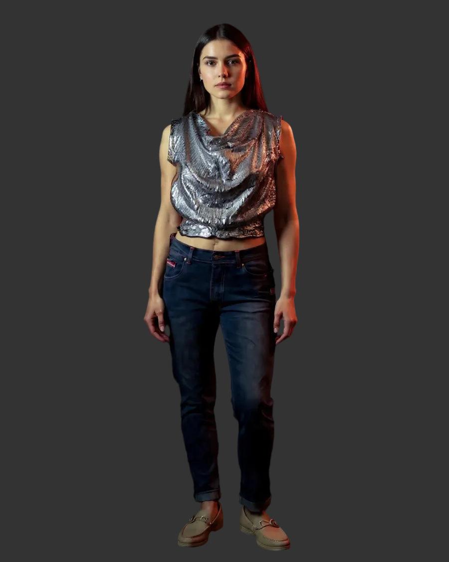 Person wearing a silver sequin top and dark jeans on a grey background