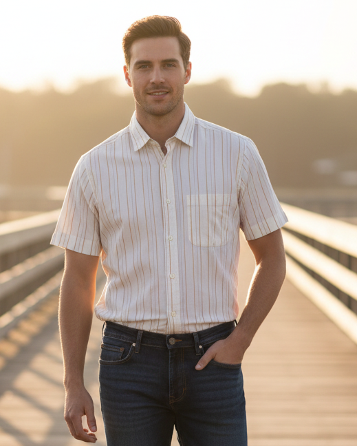 A short-sleeve button-up shirt with vertical thin stripes in Red & yellow