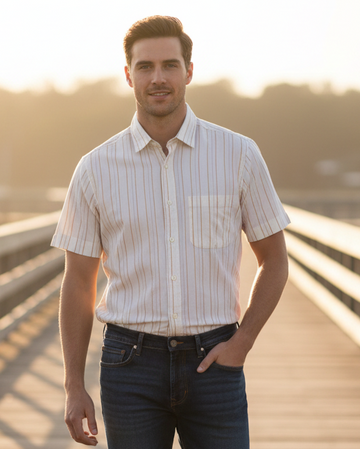 A short-sleeve button-up shirt with vertical thin stripes in Red & yellow