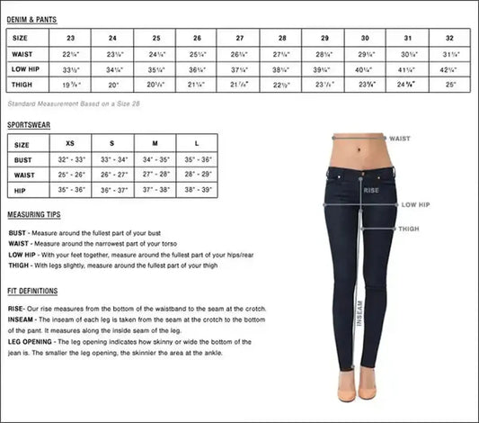 Element Jeans Co - Women's jeans Size chart