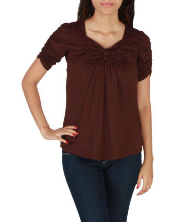 BROWN COTTON TUNIC WITH PLEATS ON FRONT