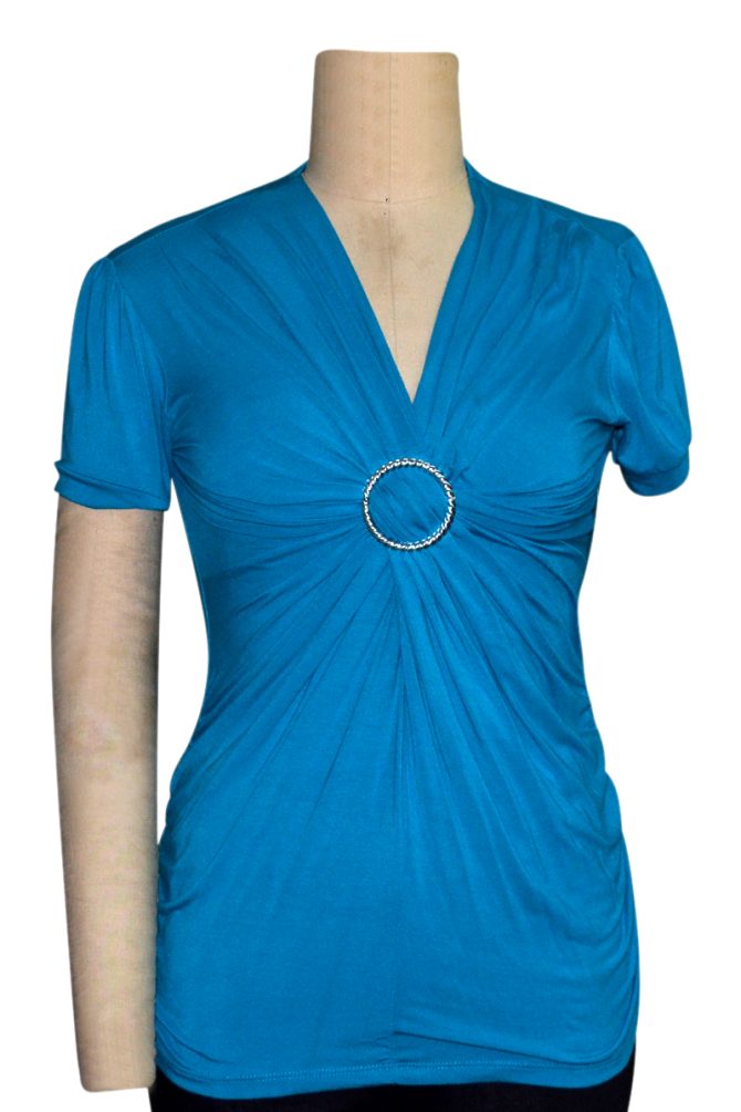 Blue knitted short sleeve fashion cross over top
