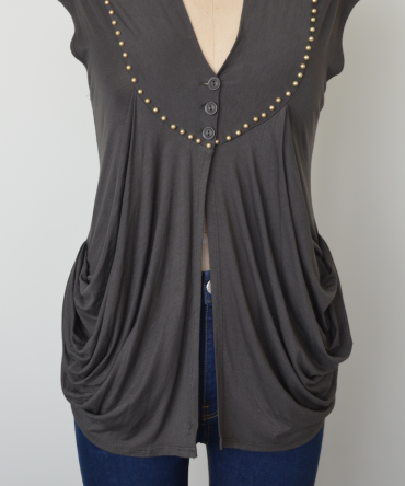 Grey beaded modified baby doll style knit top