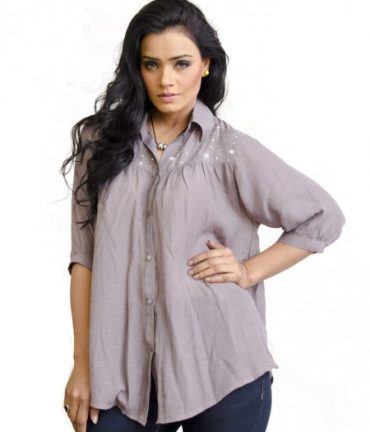 Grey Colour Linen Shirt with Crystal embellishment