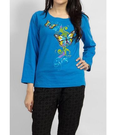 Sky Blue Cotton Knitted Butterfly Printed Crew Neck Full Sleeve T-Shirt