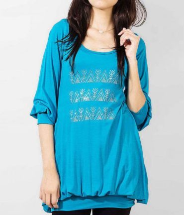 Turquoise Round Neck Long Crystallized Knit Top