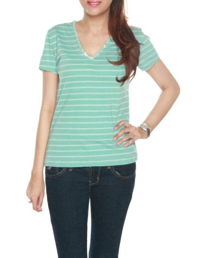Mint colour V-Neck stripe t-shirt with satin piping