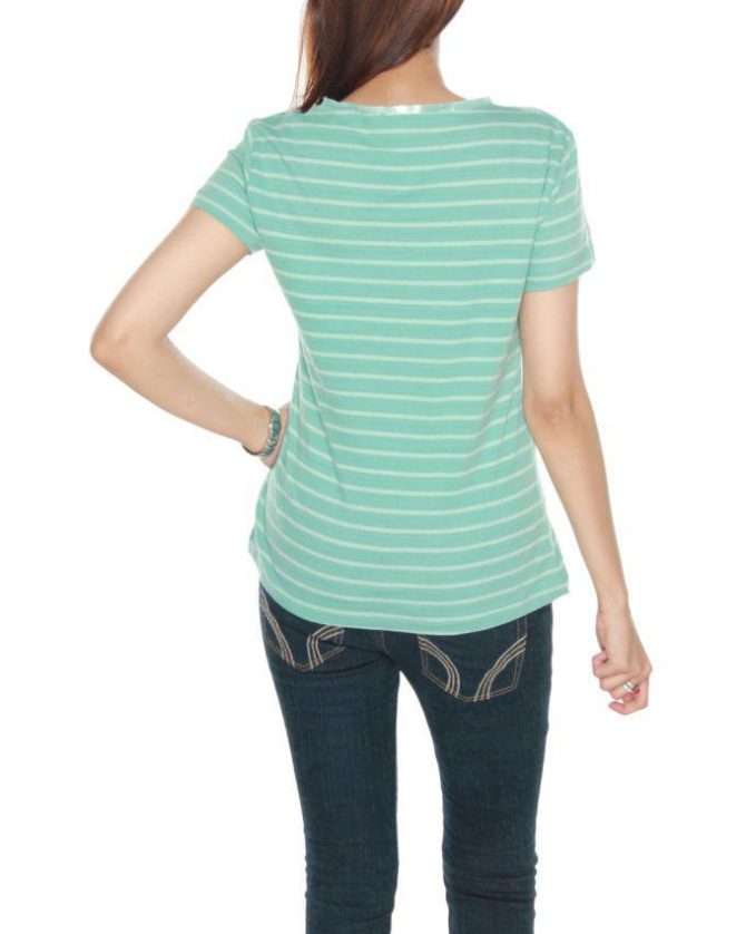 Mint colour V-Neck stripe t-shirt with satin piping