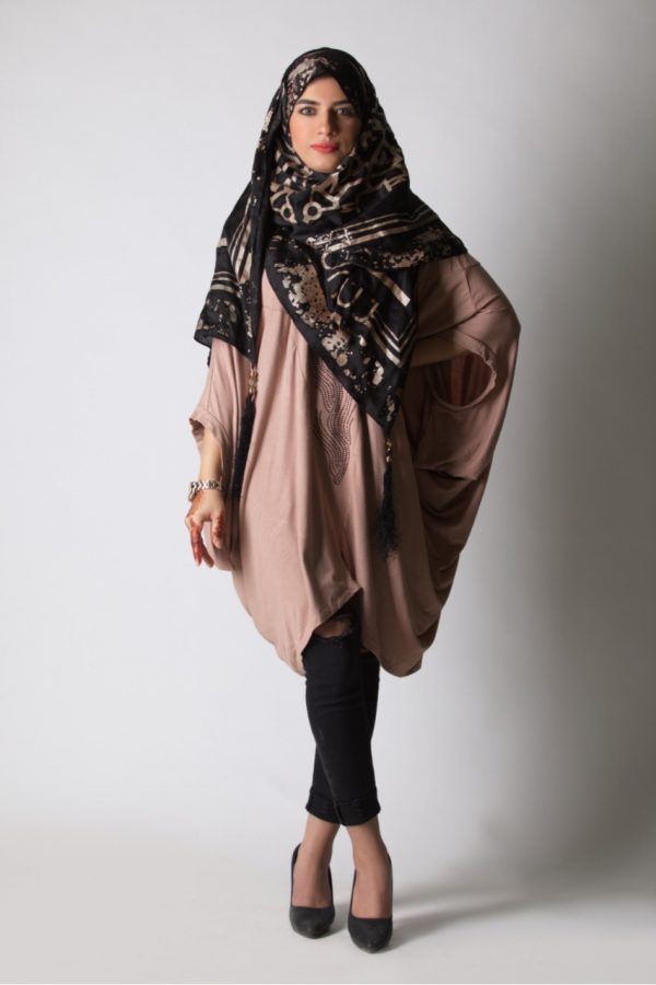 Women Tan Color Crystallized V Neck Poncho Style Tunic