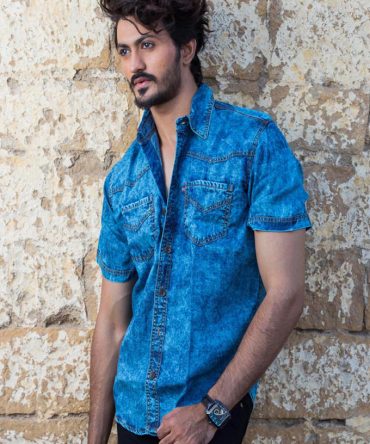 Young Men’s Random Wash Over Dyed Short Sleeves Turquoise Shirt