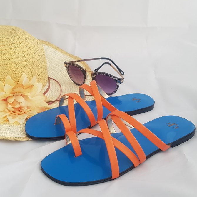 Blue and Orange multi-stripe open toed slippers
