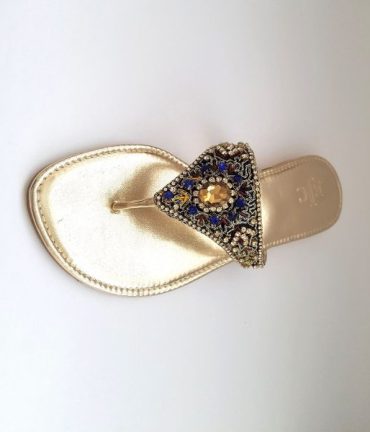 Golden flat slippers with multi-colour stone embellishment