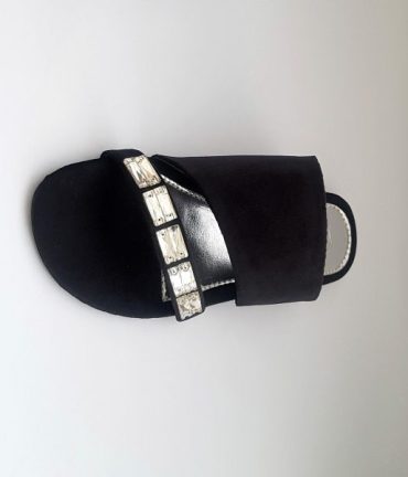 Black Velvet Flat Shoes With Stone Embellishment
