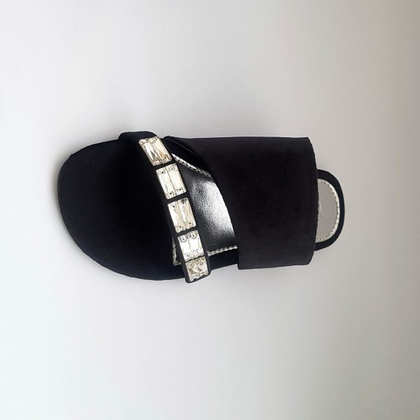 Black Velvet Flat Shoes With Stone Embellishment
