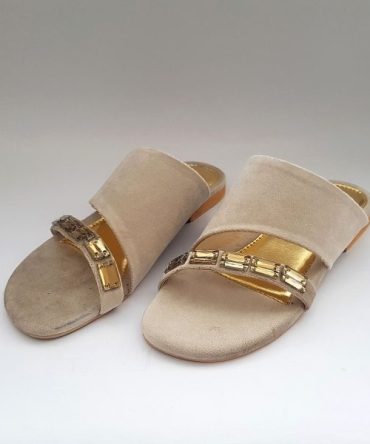 Beige Velvet Flat Shoes With Stone Embellishment