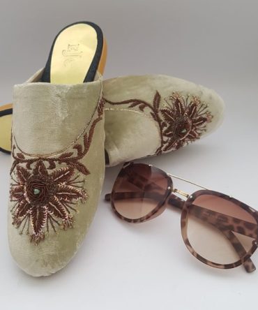 Fawn Velvet Mule Shoes with brown embroidery