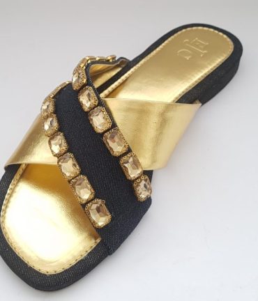 Gold & Denim Flat Slippers with Crystal embellishment