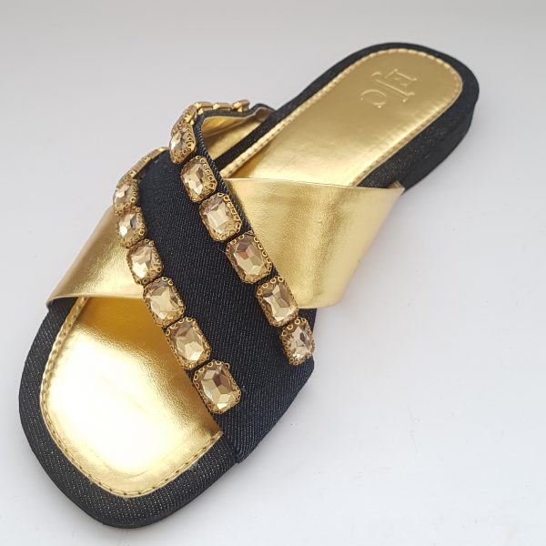 Gold & Denim Flat Slippers with Crystal embellishment