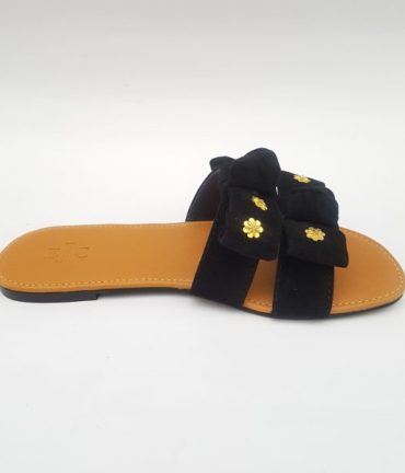 Slip on Sandals with black velvet bow and tan Sole