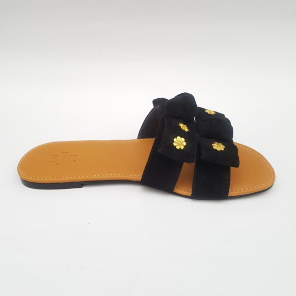 Slip on Sandals with black velvet bow and tan Sole