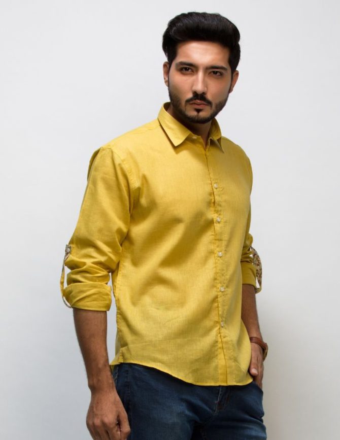 Lemon Curry colour long sleeve Linen Shirt for men