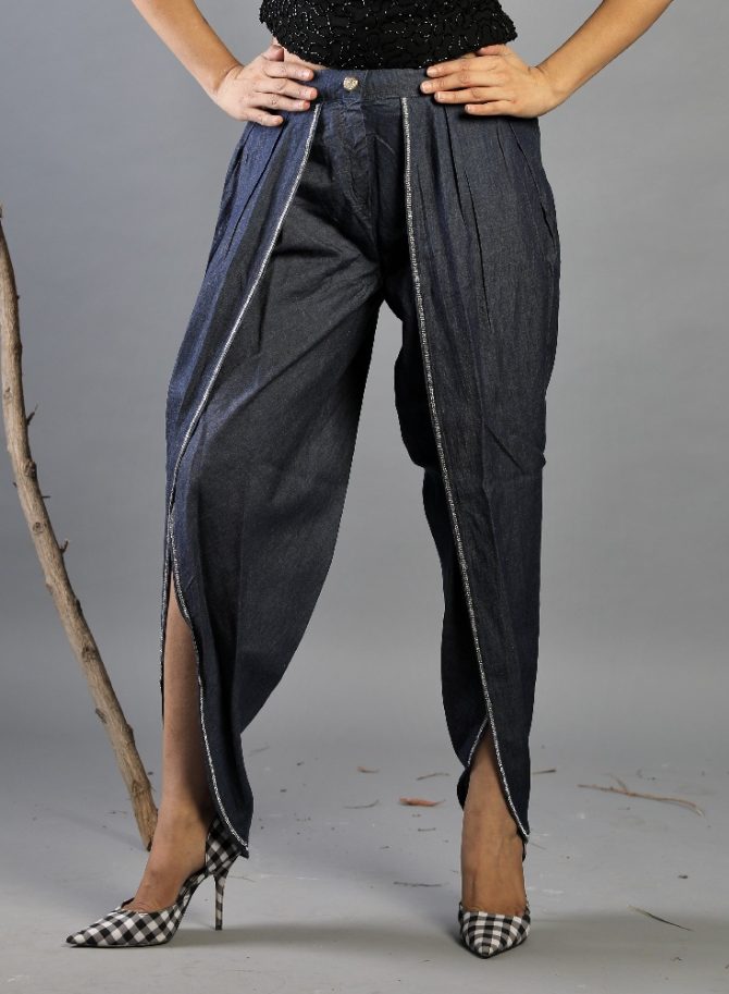 Denim Harem Pants – A style lightweight Denim Harem Pants designed by Element Jeans Co. embellished with crystal cup chain on the edgings and a Swarovski...