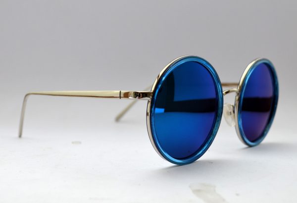 Round Frame Sunglasses With Blue Reflective Lens