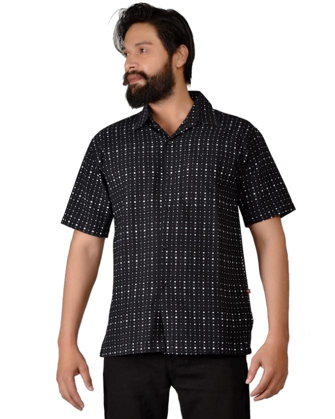Polka Dot Short Sleeves Black Camp Shirt