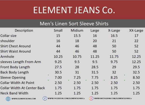 Element Jeans Co. Men’s short sleeve Brown Irish linen shirt is light weight (imported fabric) with soft hand feel. Featuring Coconut buttons, Double stitch with clean finish inside out, front chest pocket with Signature Tri-color tab to give it a distinct look. This smart casual shirt is very versatile and can be worn to a casual day in the office to a night out with friends. Ideal for our weather and will keep you cool in hot summer