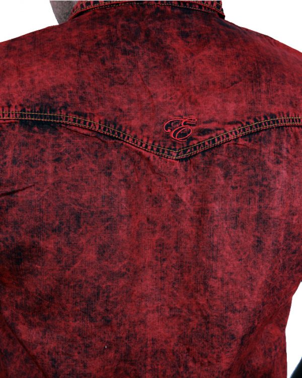 Young Men’s Random Wash Red Over Dyed Color Short Sleeves Denim Shirt