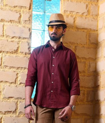Irish linen shirt for men in long sleeve Maroon colour