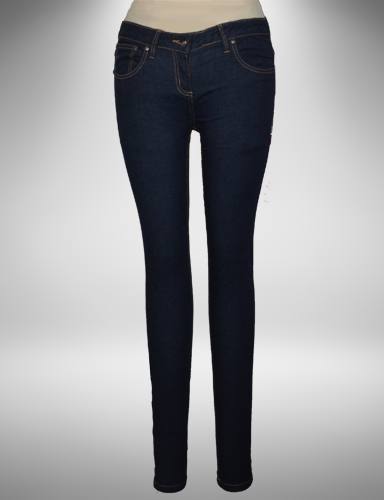 Blue mid rise Power Stretch Skinny Jeans with gold stitching
